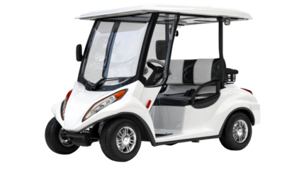 Modern white golf cart with black and grey seating, cut out transparent