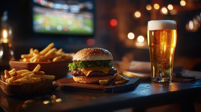 Enjoying a delicious burger and beer while watching a thrilling game on a television in a cozy atmosphere