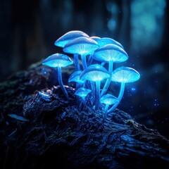 Fototapeta premium Glowing mushrooms create a magical atmosphere in a mystical forest at twilight