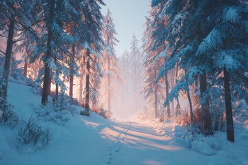 A serene winter scene of a snow-covered path winding through a peaceful forest with tall evergreen trees.