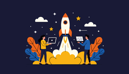 Rocket launch symbolizing a new business startup. Teamwork and innovation concept with people holding laptops. Flat vector illustration