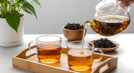 Fototapeta premium Pouring Hot Tea into Glass Cups from Transparent Teapot Refreshing Beverage for Relaxation and Wellness Served with Dried Tea Leaves on Wooden Tray