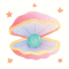 Beautiful clam pearl watercolor illustration doodle. Pretty shellfish clam hand drawn isolated vector for asset, book, children, design
