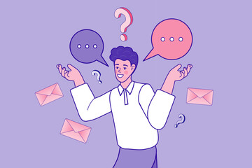 A customer service agent juggles questions, emails, and chat messages. This represents a helpdesk managing many inquiries, providing support, and answering frequently asked questions.