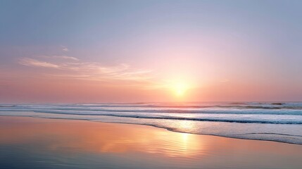 Fototapeta premium Tranquil Sunrise Over Beach with Gentle Waves and Soft Pastel Skies at Dusk