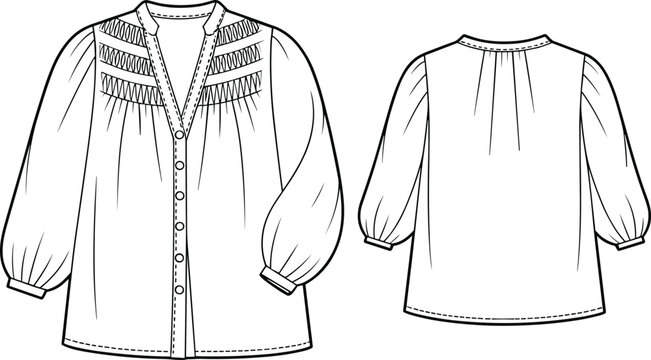 Women’s blouse vector illustration, front and back view, V‑neck button down with smocking detail and puff sleeves, fashion CAD flat sketch