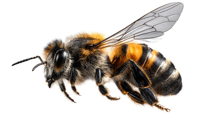 Fuzzy honeybee with transparent wings and striped abdomen isolated, cut out transparent