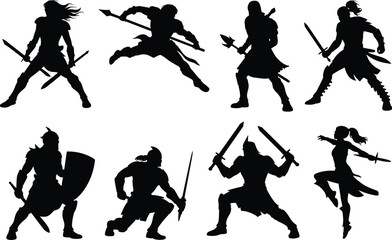 Warrior combat silhouette, battle poses with weapons, sword and shield vector, fantasy fight scene, cad drawing flat vector illustration