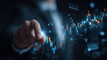 Interactive Financial Analysis - Close-Up of Hand Touching Digital Interface Displaying Stock Market Data and Investment Trends - Modern Fintech and Data Visualization