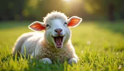 Fototapeta premium Young sheep lies happily in green grass field. Golden sunlight bathes soft white wool coat. Little lamb smiles with mouth open wide, showing pure joy. Farm animal relaxes calmly in nature meadow