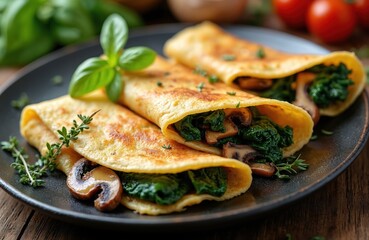 Savory crepes filled with fresh spinach, mushrooms served on dark plate. Golden pancakes garnished with basil, thyme sprigs. Healthy vegetarian meal perfect for light lunch satisfying dinner.