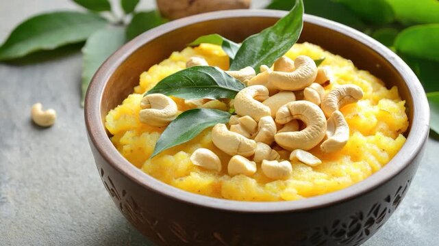 A bowl filled with various foods and topped with cashews, perfect for a snack or meal