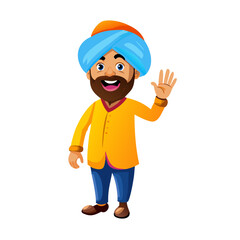 A vibrant 2d cartoon illustration captures a cheerful Punjabi man waving hello set against a stark white background