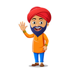 A vibrant 2d cartoon illustration captures a cheerful Punjabi man waving hello set against a stark white background