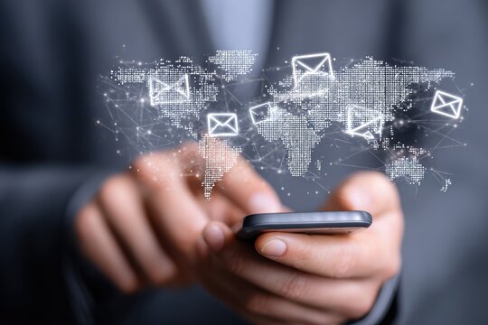 Global Email Communication and Connection on Mobile Phone: Business and Technology Concept with World Map and Mail Icons for International Network and Digital Messaging