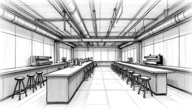 Industrial style coffee shop interior sketch with long bar stools and espresso machines. Open concept cafe draft design features exposed pipes ceiling and large windows.