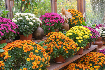 Rows of yellow, orange, pink, and white chrysanthemums blooming on wooden greenhouse shelves surrounded by lush green leaves during autumn season. Gardeing hobby, plant breeding, decorative garden