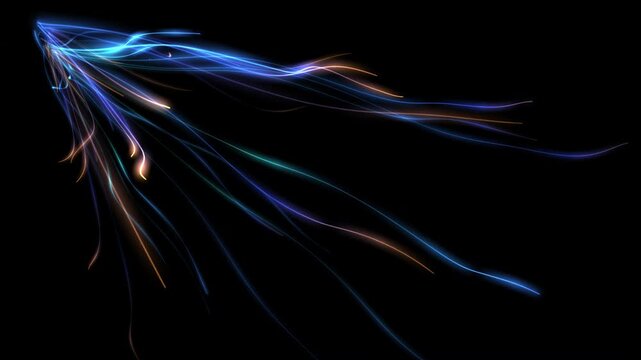 Glowing blue and orange light trails in motion on black background, abstract animation of energy streaks and flowing lines
