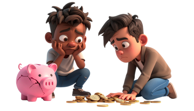 Two financial stress illustrations man and broken piggy bank isolated on transparent background