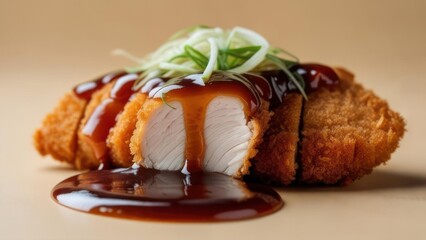 Deliciously crispy chicken katsu drizzled with savory sauce, perfect for your food blog or restaurant menu