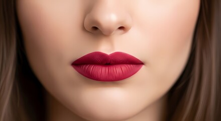 Fototapeta premium Close up of a woman s sensual full lips with perfect matte berry red lipstick showcasing vibrant color and smooth texture
