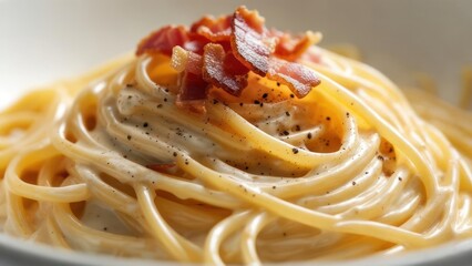 Creamy spaghetti carbonara with crispy bacon for a delicious lunch or dinner, a classic Italian meal