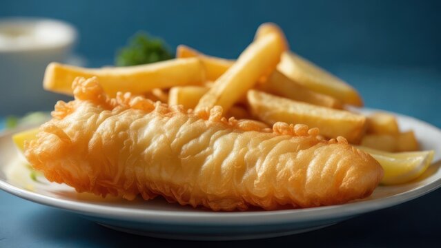 Golden fried fish and chips ready to enjoy a classic British meal with fresh lemon wedge