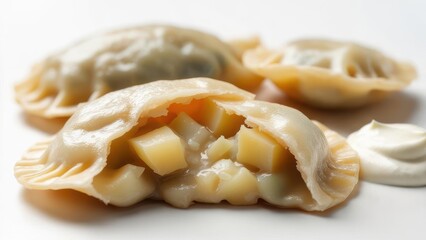 Delicious pierogi filled with hearty potato and served with a dollop of sour cream