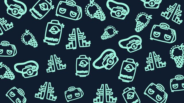 Seamless Pattern of Travel Essentials Icons with Passport, Wallet, Compass on Dark Background, Digital Illustration, Flat Design, Top View