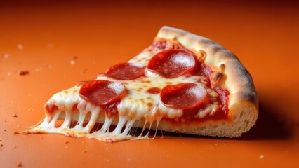 Irresistible pepperoni pizza slice with gooey melted cheese stretching, a delicious treat