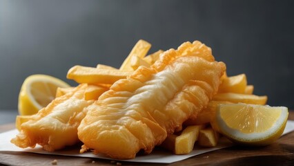 Crispy golden battered fish and chips served with fresh lemon wedges on a wooden board