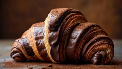Indulge in rich, flaky chocolate croissants dusted with cocoa for a decadent breakfast treat.