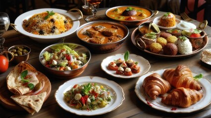 Exquisite feast of diverse Indian dishes and fresh salads with flaky croissants on a rustic table
