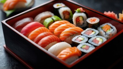 Delicious assorted sushi platter with vibrant salmon, tuna, and avocado rolls in a modern box