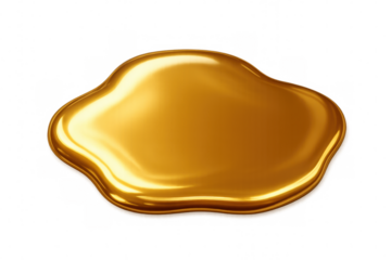 Liquid gold puddle spreading, golden shiny melted metal or honey syrup drop with smooth reflections, transparent background