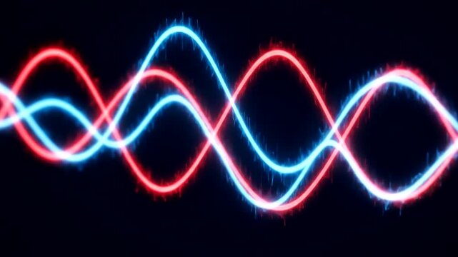 Abstract neon waves of red and blue light on a black background.