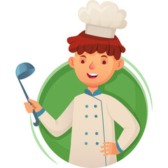 Cartoon Chef Character Holding Ladle Wearing White Uniform and Chef Hat with Green Circle Background and Transparent Background
