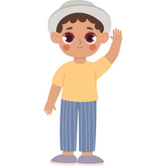 Cartoon child character wearing a white hat and yellow t-shirt waving hand with blue striped pants and pink shoes isolated on white background