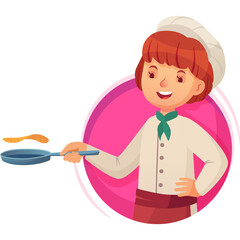 Cartoon Chef Girl Cooking Pancakes In Frying Pan With Pink Circle Background In A Bright Studio