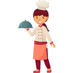Cartoon chef girl in uniform holding a silver platter with a dome cover in a studio setting with a white background