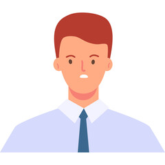 Business Man Character Portrait with Red Hair and Blue Tie Wearing Light Blue Shirt with White Collar and White Background Transparancy