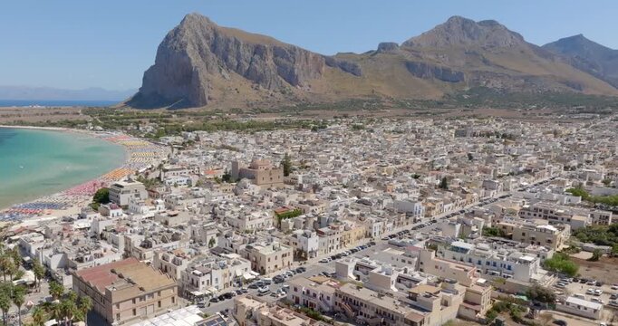 Aerial view of the town of San Vito Lo Capo, a tourist destination in province of Trapani, Sicily, Italy. It has a beautiful beach overlooking the Mediterranean Sea, visited by tourists every summer.