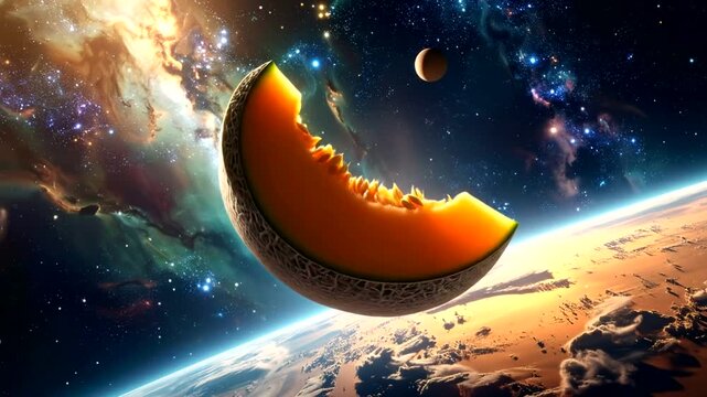 Giant melon slice floating above planetary surface with vivid nebula