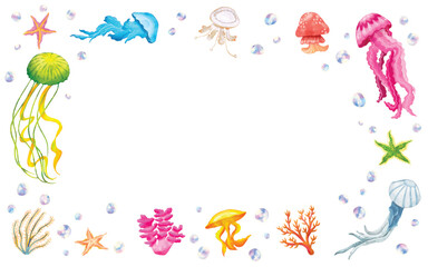 Underwater Jellyfish Coral Bubble Frame Border. Hand Drawn Seafood Watercolor Texture Vector Illustration. Isolated Elements on White Background