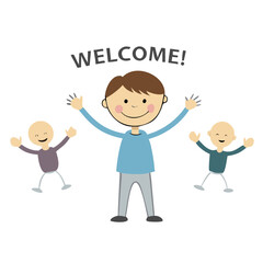 Happy little boy with rising up hands meeting guests. Vector illustration of glad stickman welcome print.
