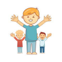 Happy little boy with rising up hands meeting guests. Vector illustration of glad stickman welcome print.
