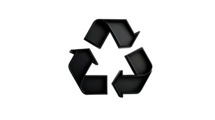 Black three-arrow recycling symbol with textured surface, cut out transparent