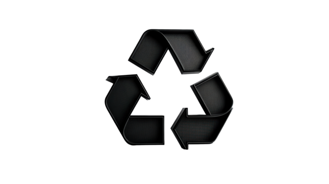 Black three-arrow recycling symbol with textured surface, cut out transparent