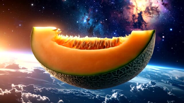 Cantaloupe slice floating above planet with nebula background