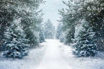 Obraz premium Enchanting winter wonderland in snow-covered forest pathway scenic nature photography serene environment captured in soft snowfall